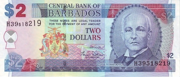 Barbados 2 $ Trafalgar Square Bridgetown 2007 P-66