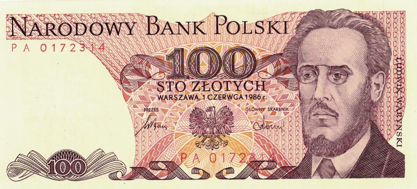 PRL 100 zł Ludwik Waryński 1986 P-143e.1 seria PA