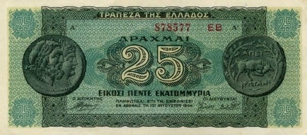 Grecja 25 mln drachm 1944 P-130b