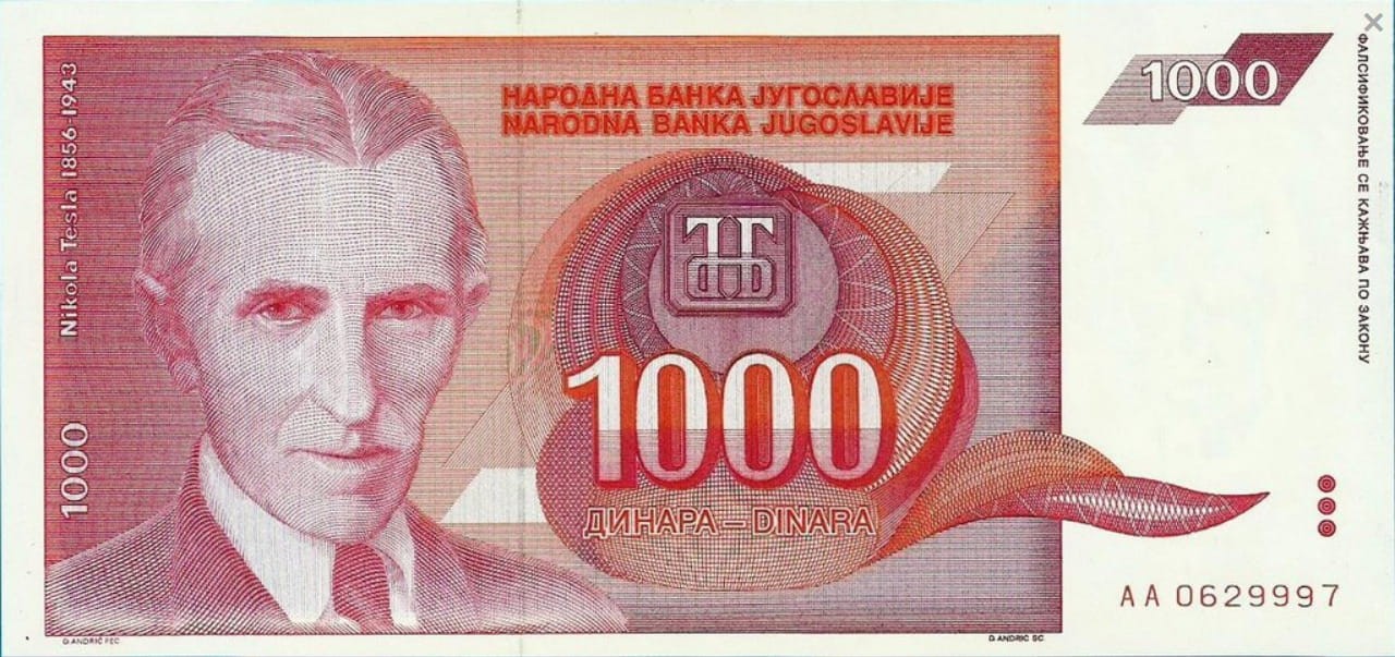 Jugosławia 1000 dinarów Nikola Tesla 1992 P-114
